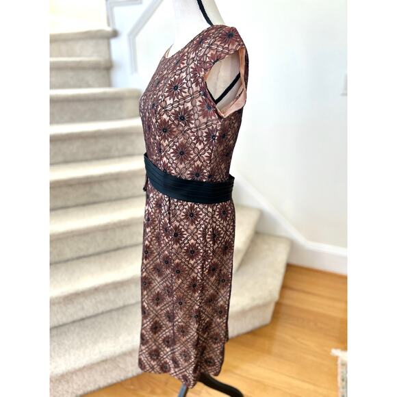 Vintage Brown Lace 50s 60s Black Band Sheath Dress - Picture 2 of 9
